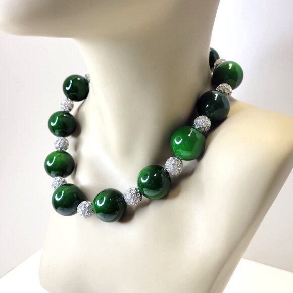 Green Bead Necklace Choker with Crystal Beads - Picture 7 of 14